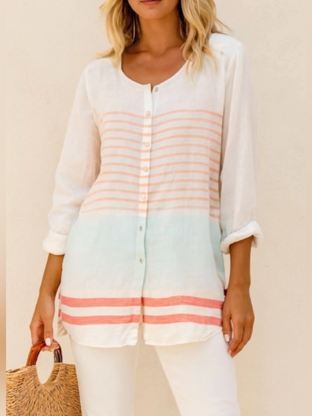C&C California White striped linen blouse coastal, pastel Size 1x